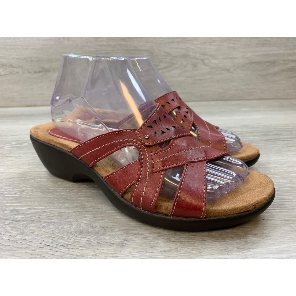 Earth Origins Andria Red Leather Wedge Sandals Women's 9 Slide Comfort Shoes